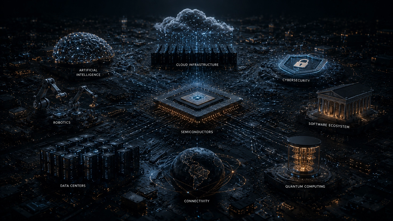 Technical diagram showing the abstraction layers of the modern computing stack, from silicon transistors to cloud AI.
