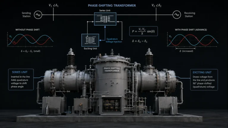 Macro photograph of a high-voltage phase-shifting transformer at a grid substation.