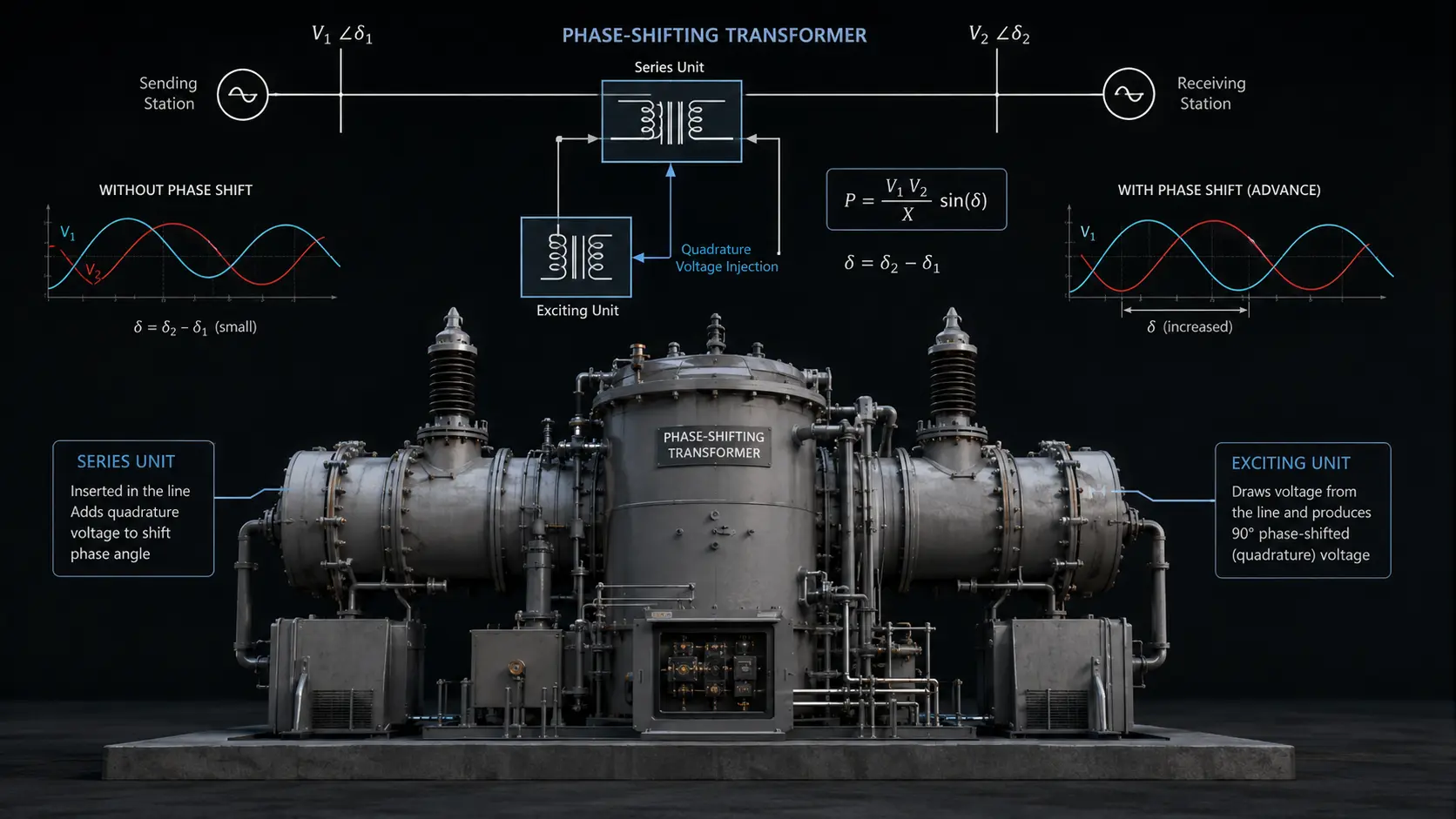 Macro photograph of a high-voltage phase-shifting transformer at a grid substation.