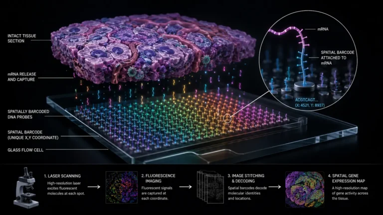 Macro photograph of a spatial transcriptomics glass slide holding a tissue sample.