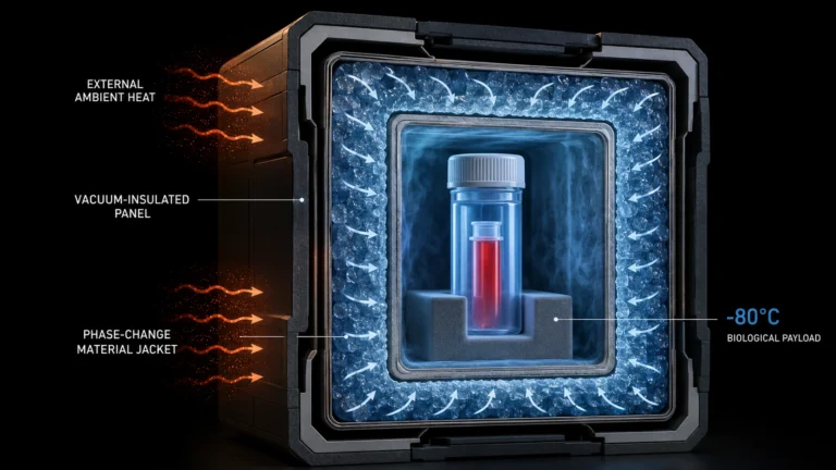 Macro photograph of the internal vacuum-insulated panels of a specialized biopharma medical shipper.