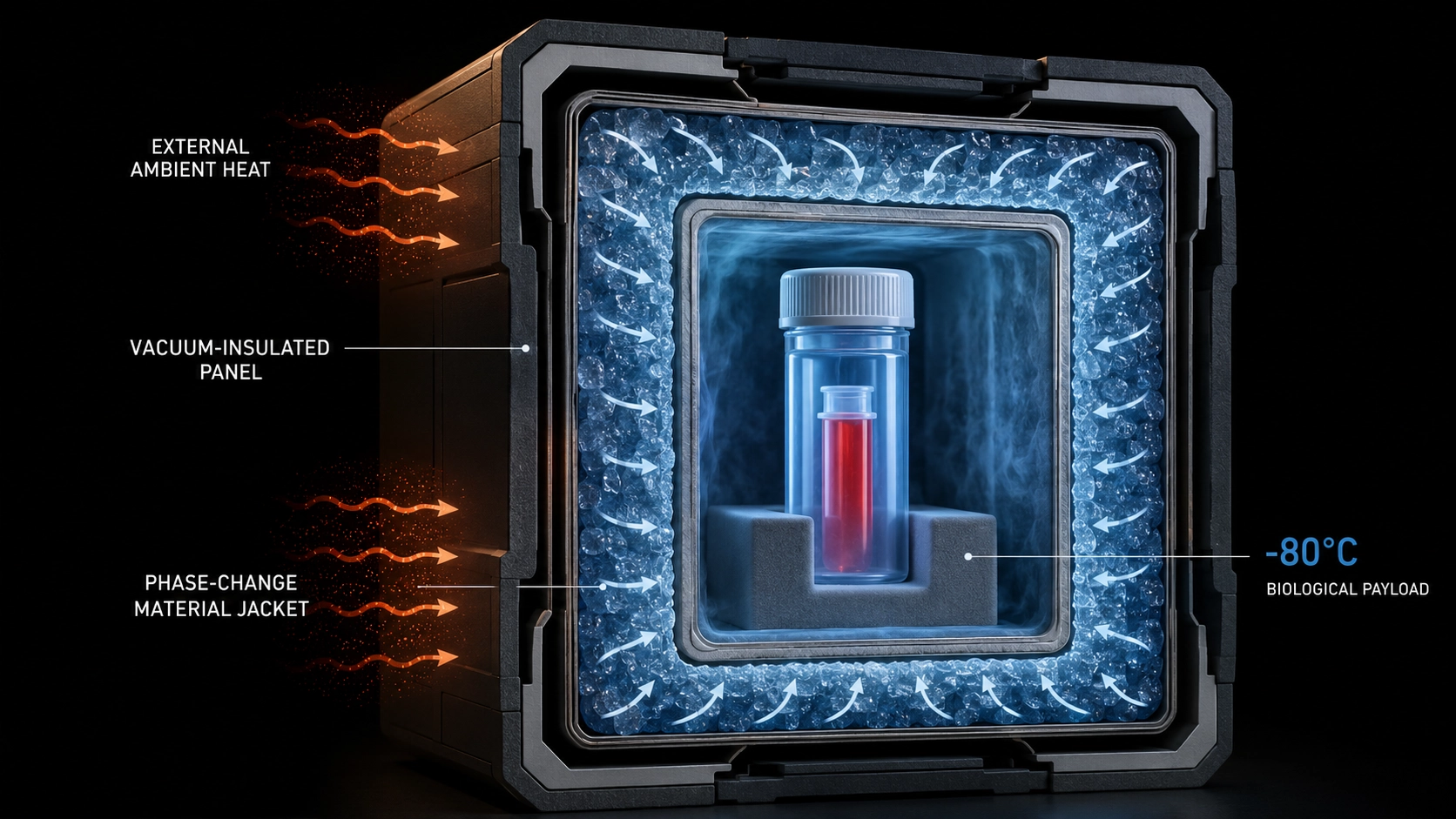 Macro photograph of the internal vacuum-insulated panels of a specialized biopharma medical shipper.