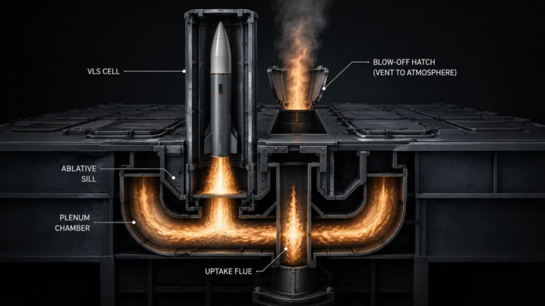 Macro photograph of the sealed steel hatches on a naval Vertical Launch System.
