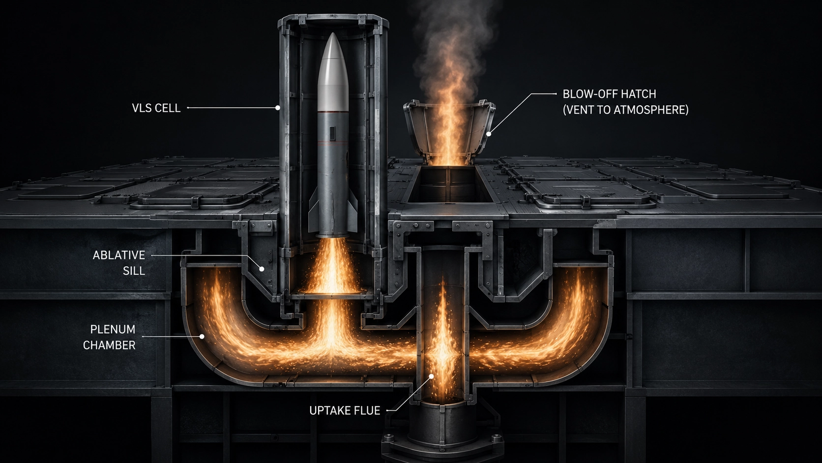 Macro photograph of the sealed steel hatches on a naval Vertical Launch System.