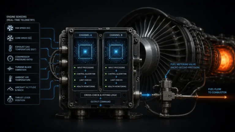 Macro photography of a FADEC computer bolted to a commercial turbofan engine