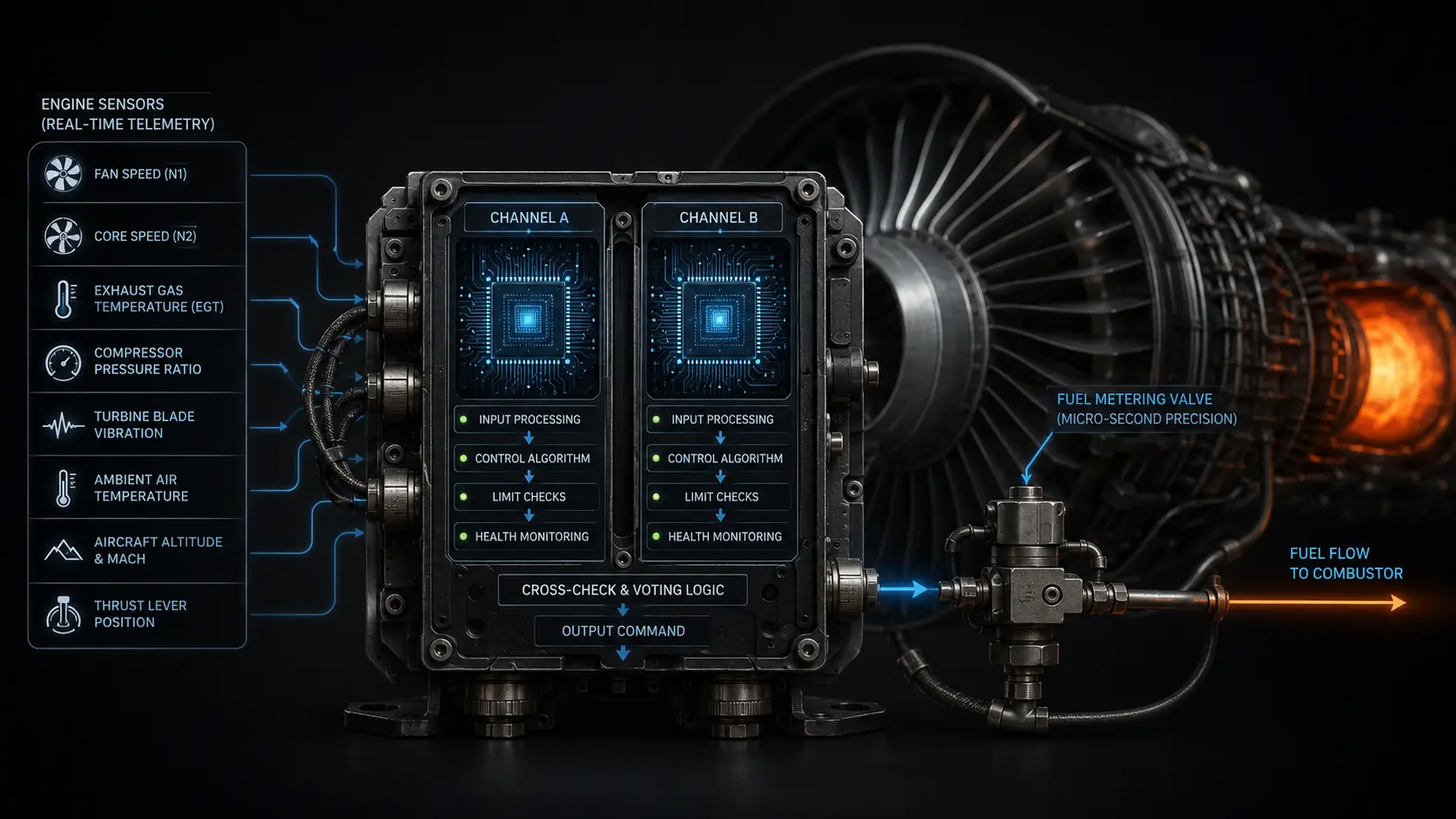 Macro photography of a FADEC computer bolted to a commercial turbofan engine