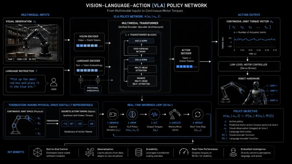 Technical blueprint diagram of a Vision-Language-Action VLA neural network.