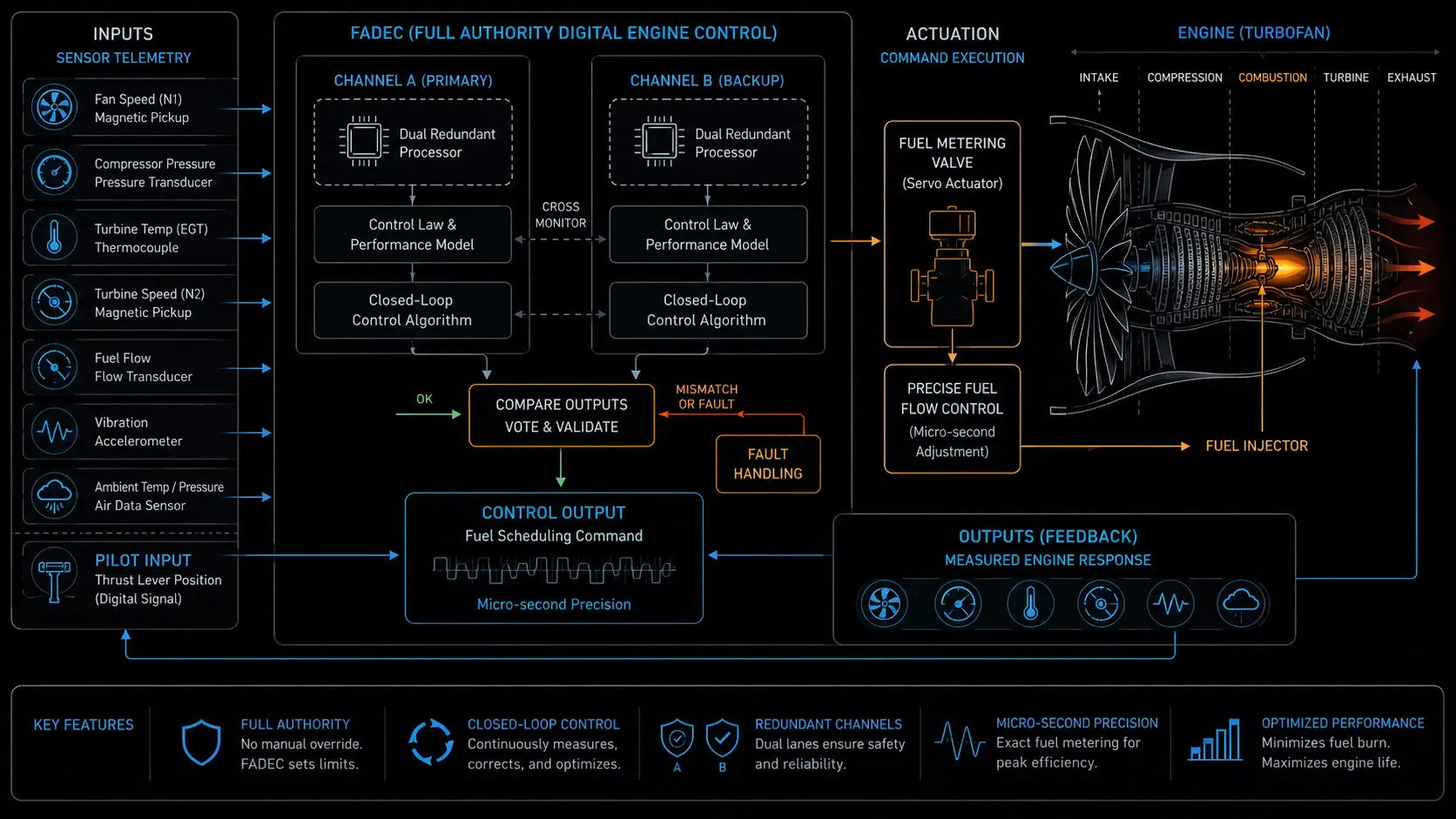 Technical blueprint diagram showing closed-loop FADEC fuel metering.