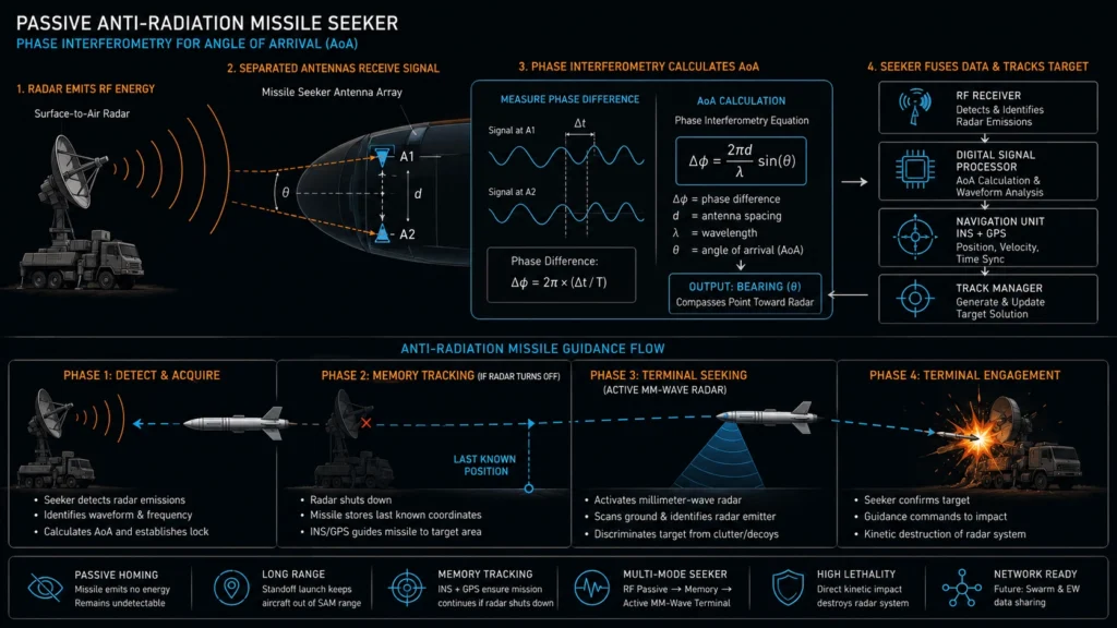 Technical blueprint diagram showing phase interferometry calculating angle of arrival inside a missile seeker.