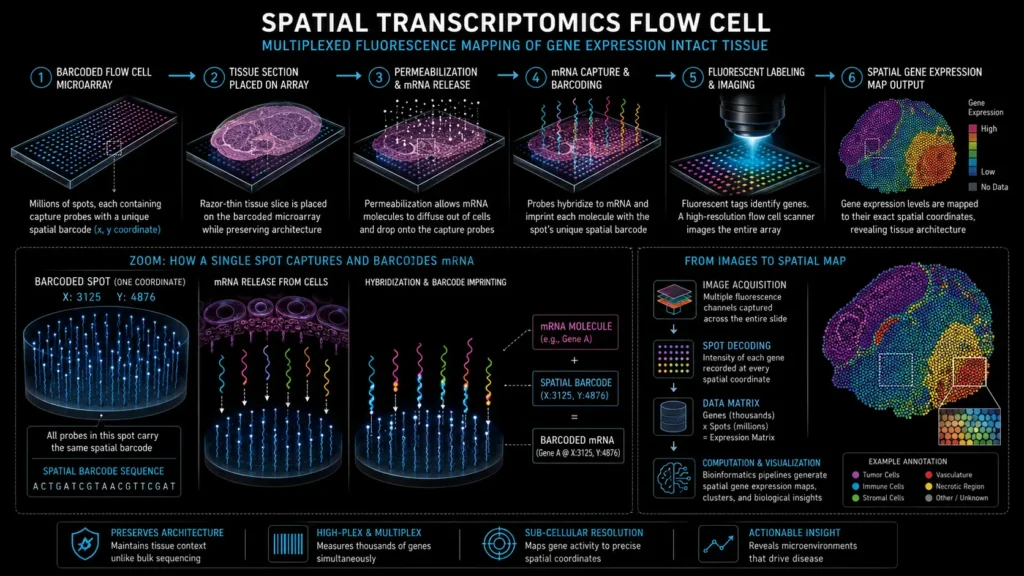 Technical blueprint diagram showing spatially barcoded microarray probes capturing mRNA from intact tissue.