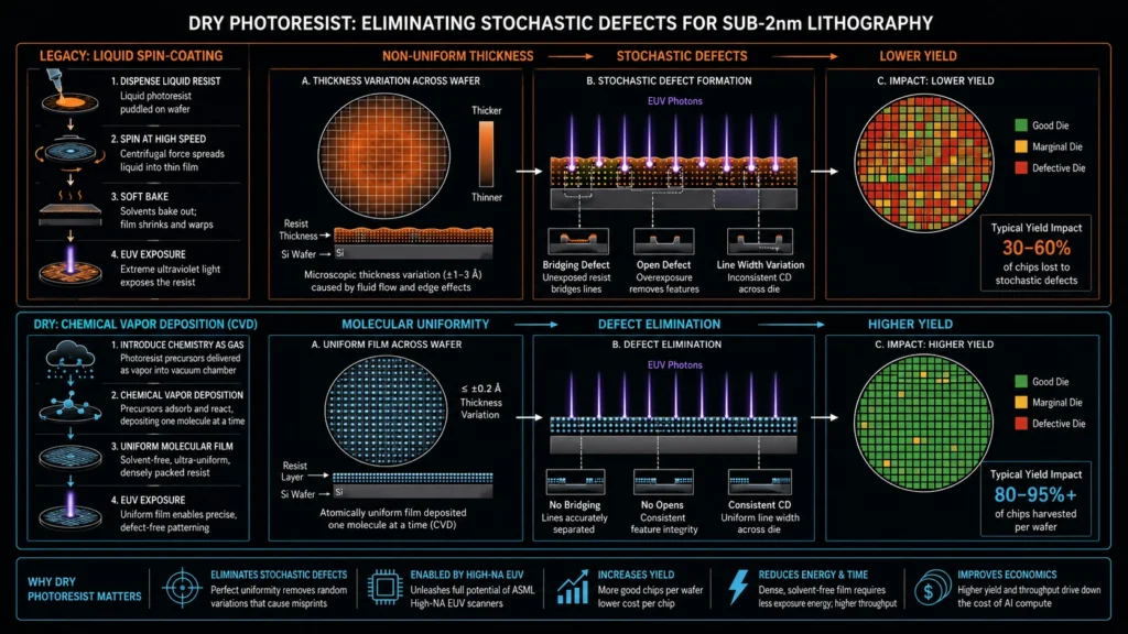 Technical diagram comparing thickness variations in liquid spin-coating vs uniform dry photoresist vapor deposition