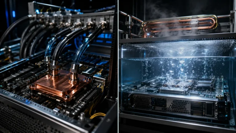 AI Data Center Liquid Cooling A cinematic macro view of direct-to-chip copper channels and boiling dielectric immersion fluid cooling a server.
