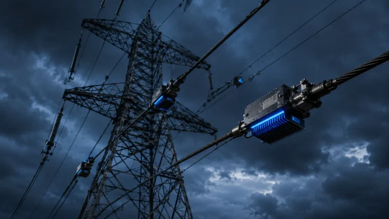 Advanced Power Flow Control A photorealistic industrial shot of modern APFC power electronics modules bolted directly onto high-voltage transmission lines.