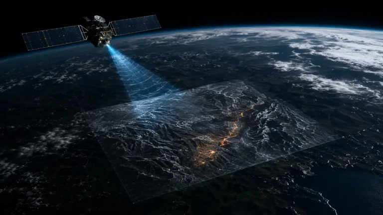 Alt text A Synthetic Aperture Radar (SAR) satellite utilizing coherent change detection to map phase history from orbit.