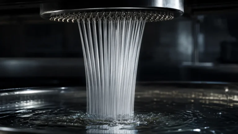 Alt text Industrial wet spinning process extruding liquid PAN precursor into a chemical coagulation bath.