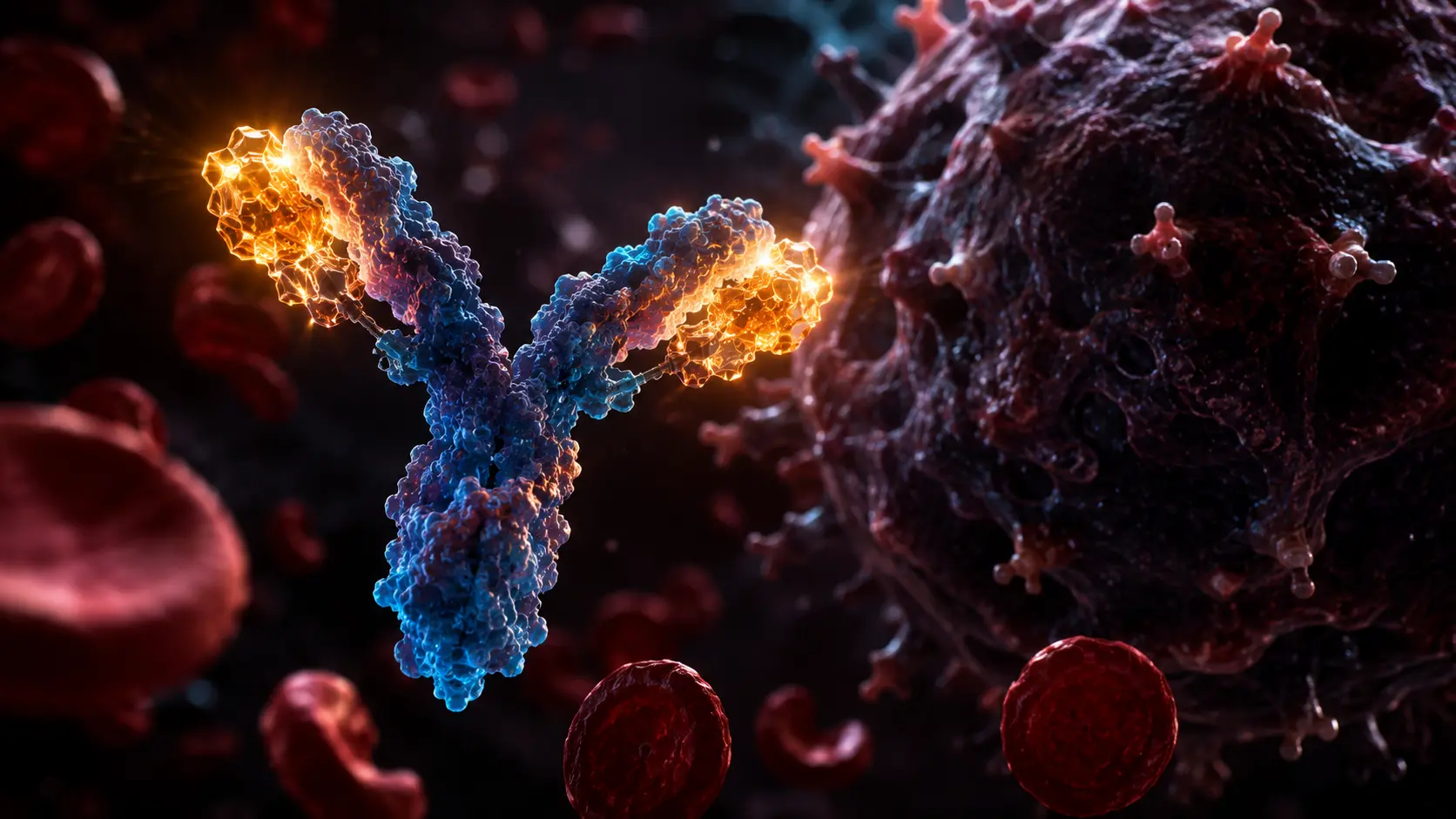 Antibody-Drug Conjugates A cinematic macro visualization of an ADC molecule carrying a toxic payload in the bloodstream.