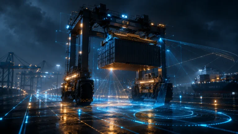Automated Straddle Carriers A cinematic visualization of an autonomous port robot using LIDAR and AI to move shipping containers at night.