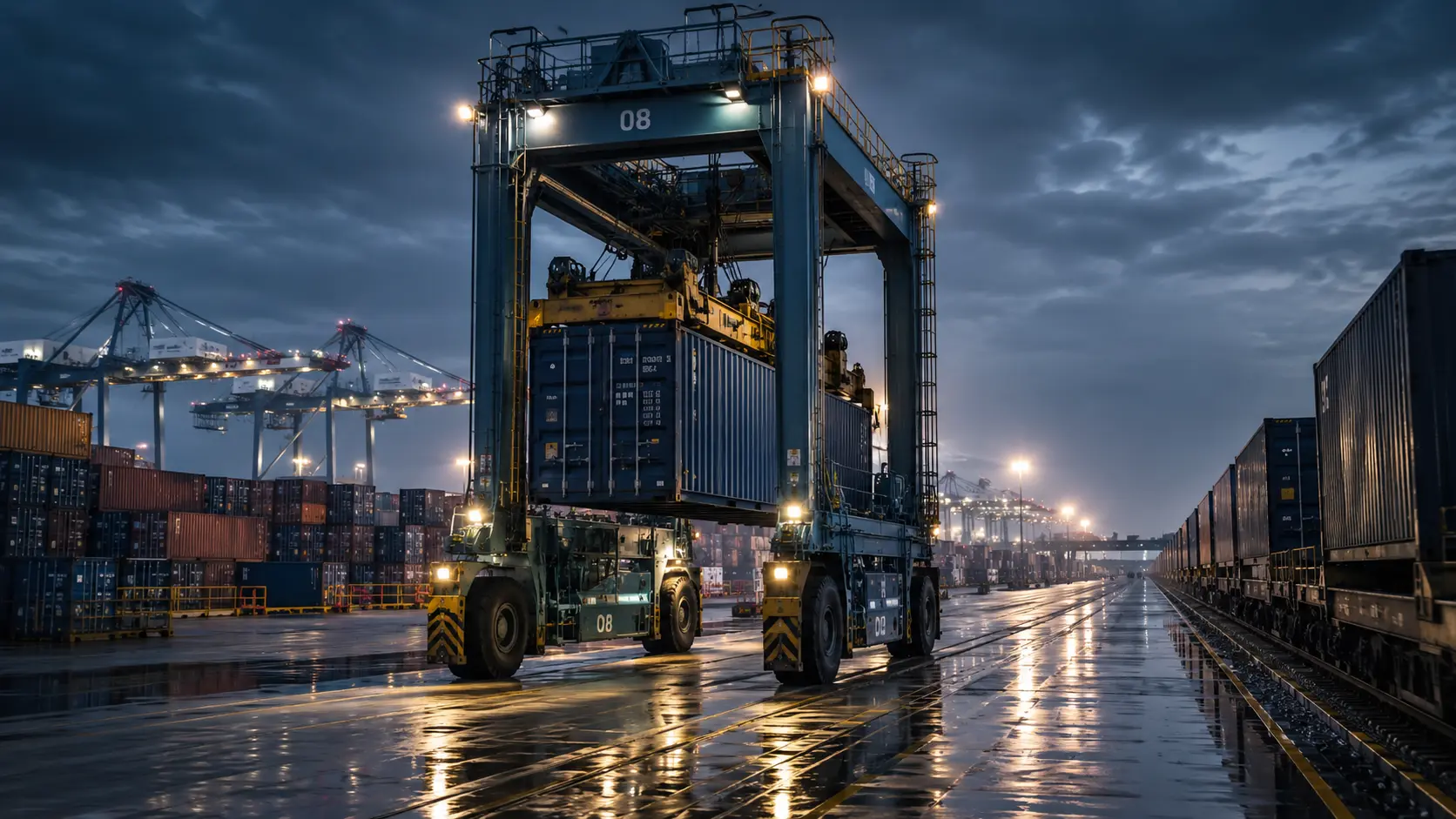 Automated straddle carrier array lifting a shipping container at an intermodal port terminal.