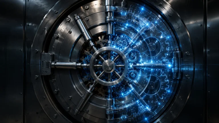 Basel III Endgame A cinematic visualization of a heavy steel bank vault interlocking with digital risk algorithms.