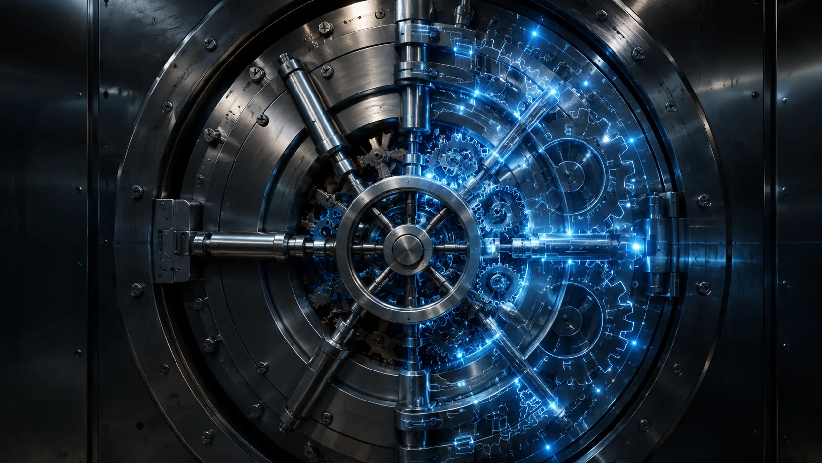 Basel III Endgame A cinematic visualization of a heavy steel bank vault interlocking with digital risk algorithms.