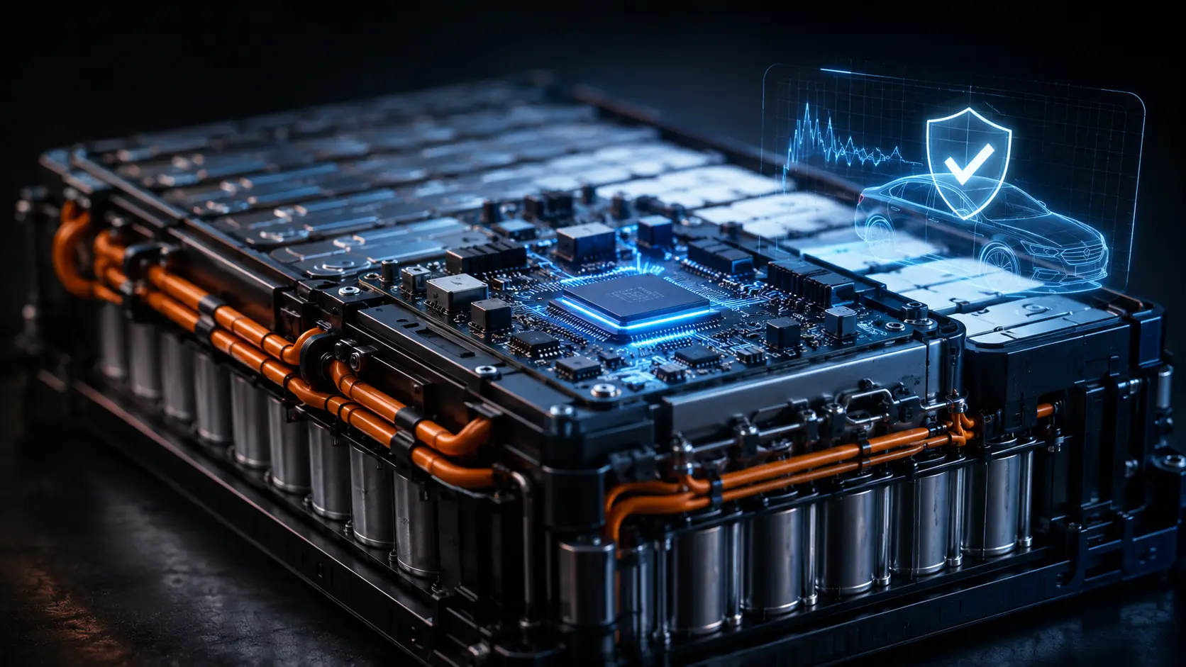 Battery Management Systems A cinematic macro view of a digital telemetry grid monitoring voltage and thermal metrics on an EV battery module.