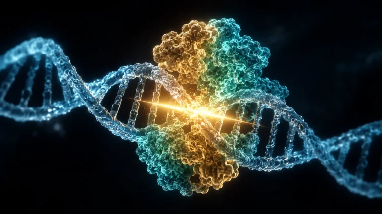 CRISPR-Cas9 A cinematic macro view of a molecular Cas9 protein structure cutting a glowing DNA double helix.