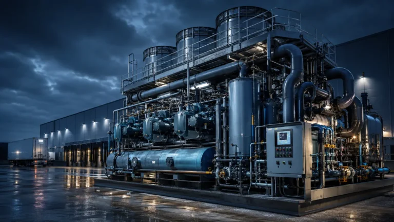 Industrial ammonia refrigeration compressor cascade outside a cold chain logistics warehouse.