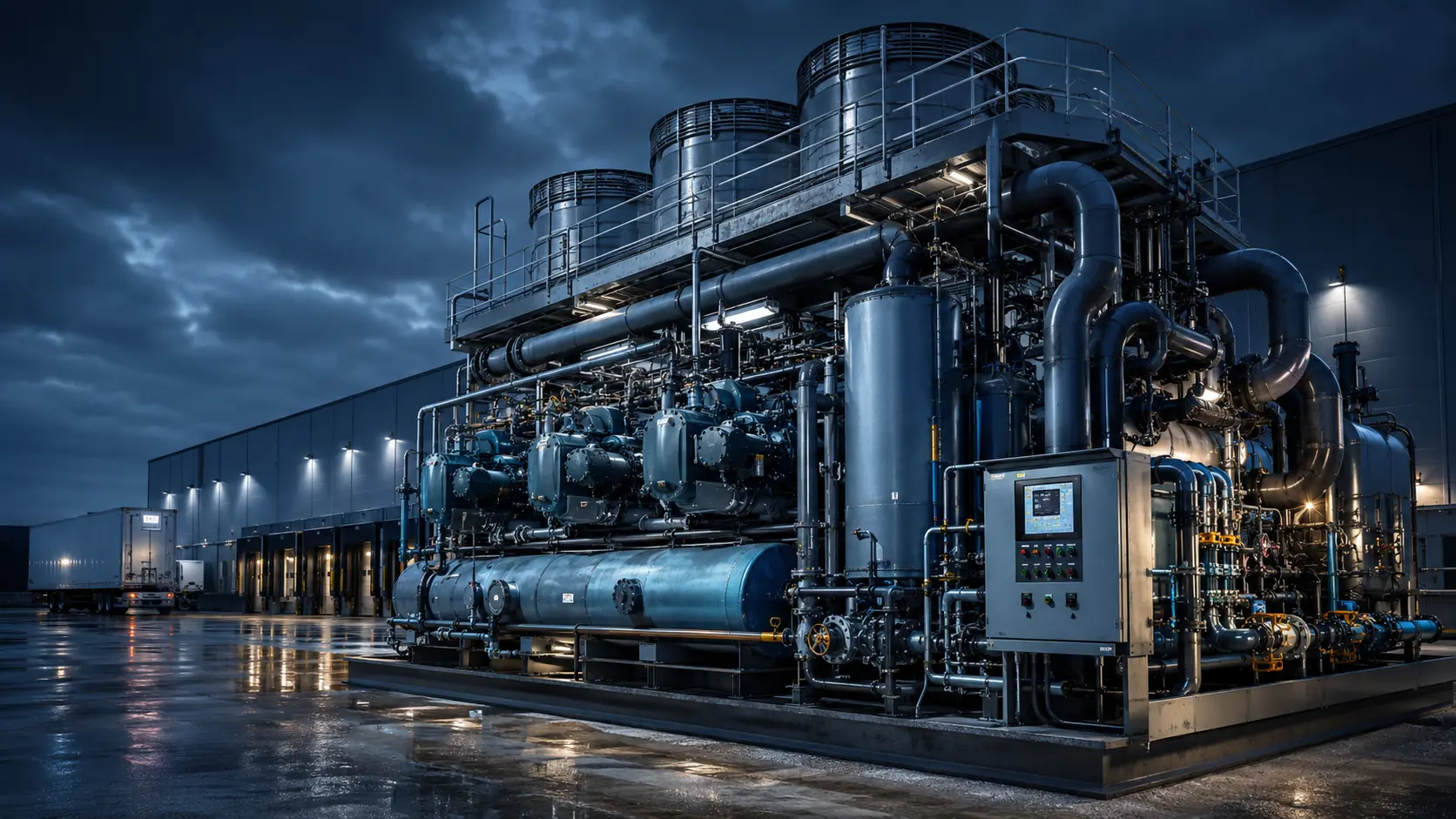 Industrial ammonia refrigeration compressor cascade outside a cold chain logistics warehouse.