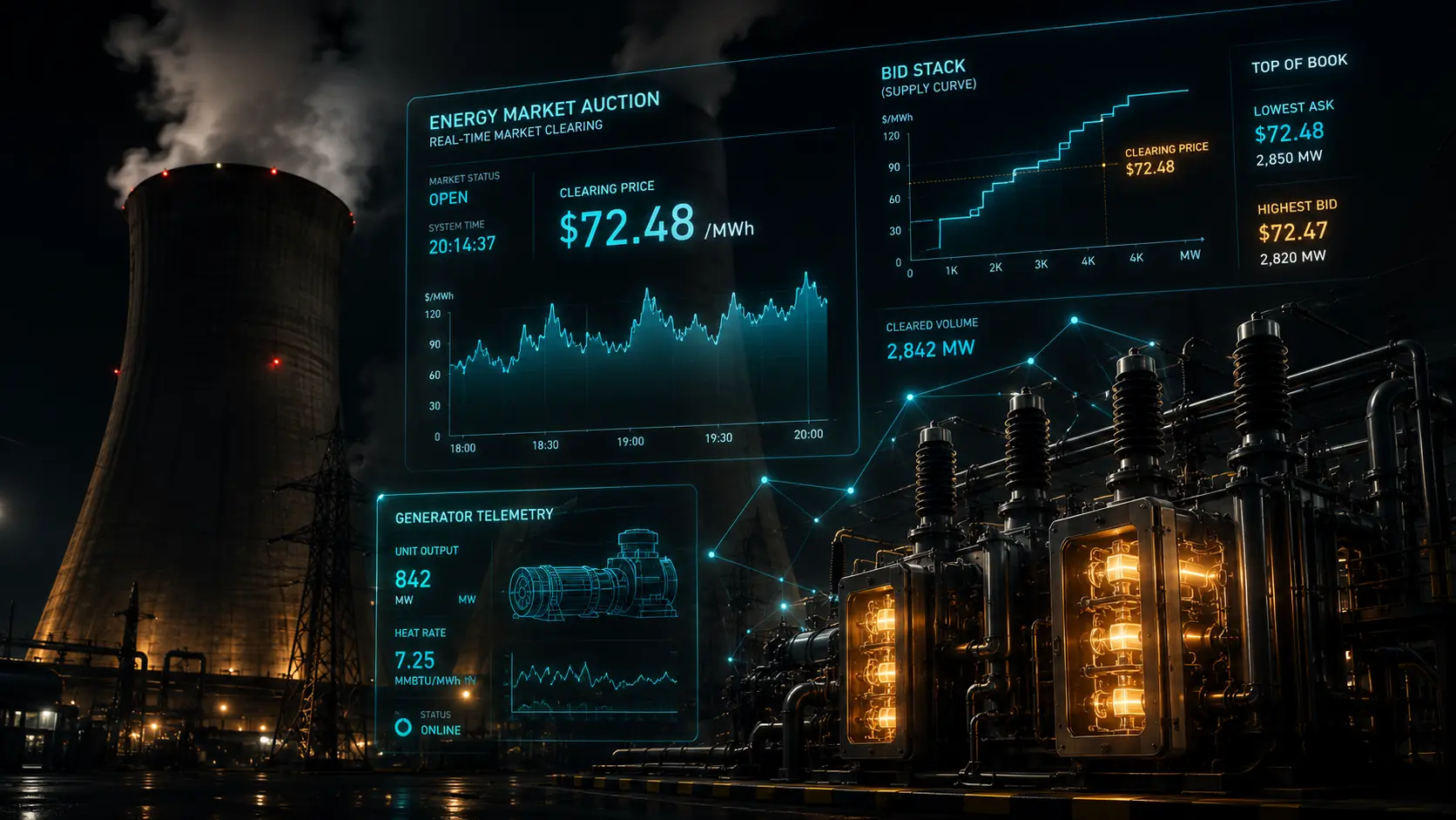 Capacity Markets A cinematic view of digital financial data superimposed over a massive industrial power plant at night.