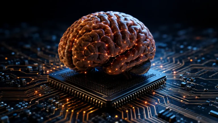 Cinematic 3D macro render of a neuromorphic microchip crossbar array demonstrating in-memory computing architecture.
