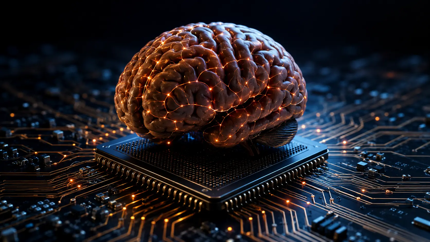 Cinematic 3D macro render of a neuromorphic microchip crossbar array demonstrating in-memory computing architecture.