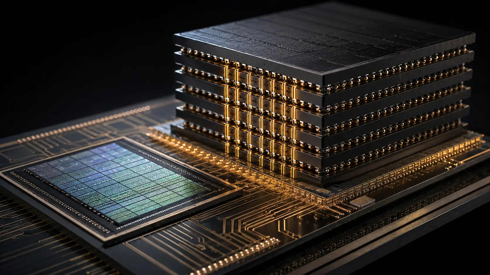 Cinematic 3D render of a High-Bandwidth Memory (HBM) stack featuring Through-Silicon Vias and a silicon interposer.