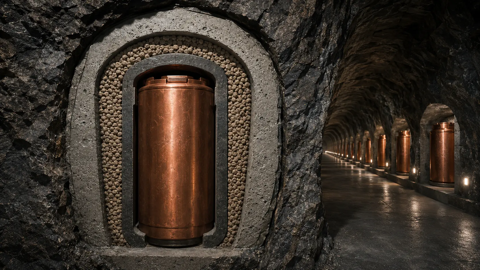 Cinematic 3D render of a deep geological repository underground tunnel layout demonstrating copper disposal canisters and bentonite clay buffers.