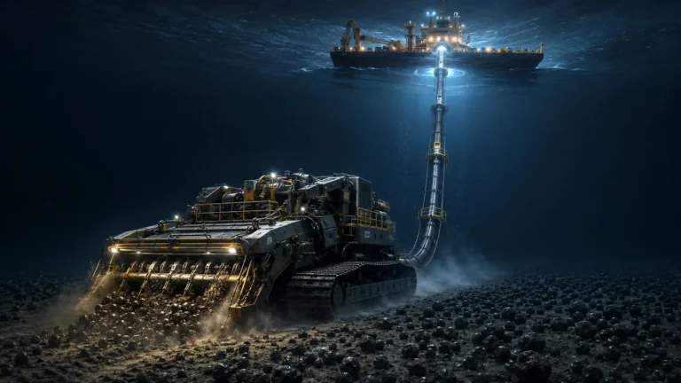 Cinematic 3D render of a deep-sea mineral extraction collector vehicle harvesting polymetallic nodules on the abyssal plain.