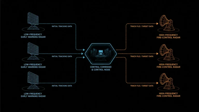Cinematic 3D render of a digital Integrated Air Defense System network utilizing sensor fusion and tactical data links.