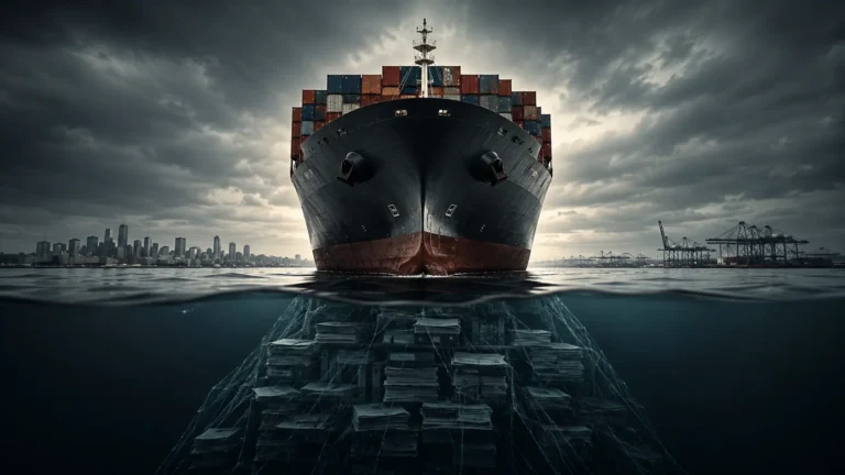 Cinematic 3D render of a digital cargo ship representing flags of convenience and open registries in global maritime trade.