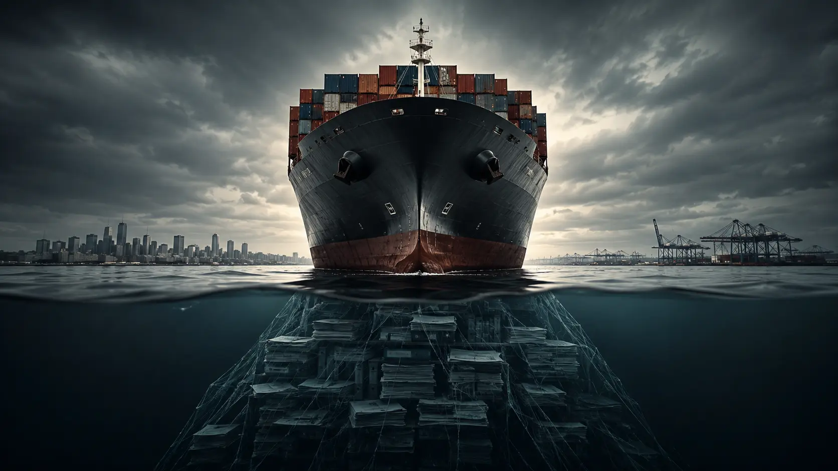 Cinematic 3D render of a digital cargo ship representing flags of convenience and open registries in global maritime trade.
