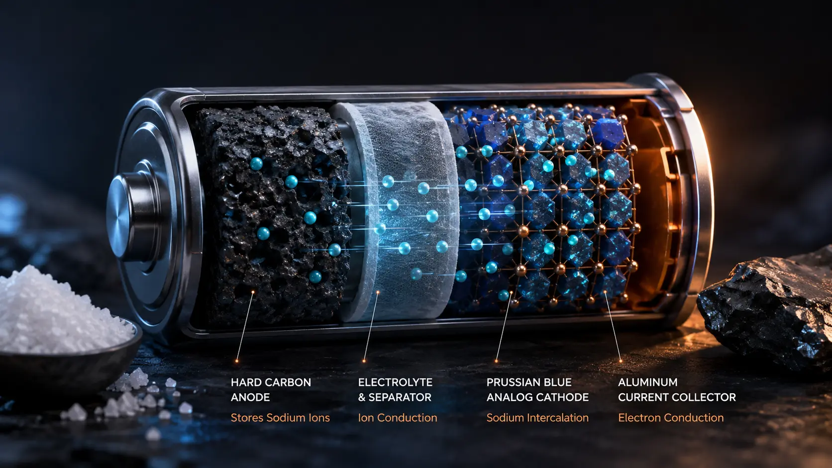 Cinematic 3D render of a digital sodium-ion battery cell structure demonstrating hard carbon anodes and crystal lattices.