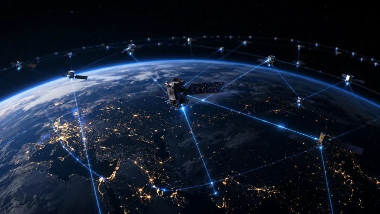 Cinematic 3D render of a digital sovereign mega-constellation network utilizing laser inter-satellite links.