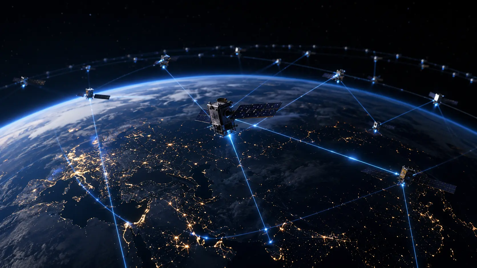 Cinematic 3D render of a digital sovereign mega-constellation network utilizing laser inter-satellite links.