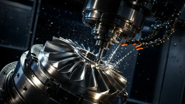 Cinematic 3D render of a high-precision multi-axis cutting tool executing automated subtractive manufacturing.