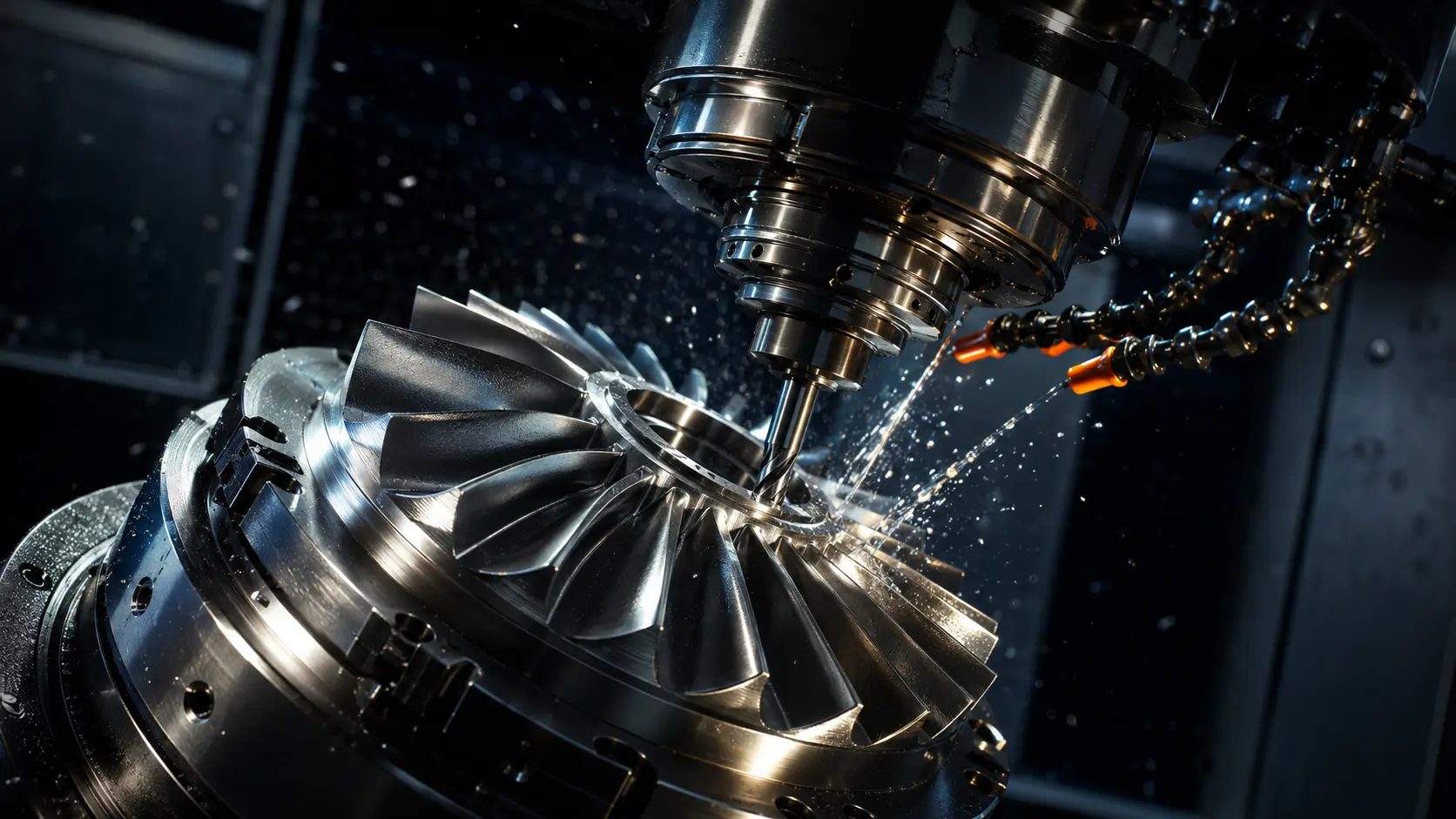 Cinematic 3D render of a high-precision multi-axis cutting tool executing automated subtractive manufacturing.