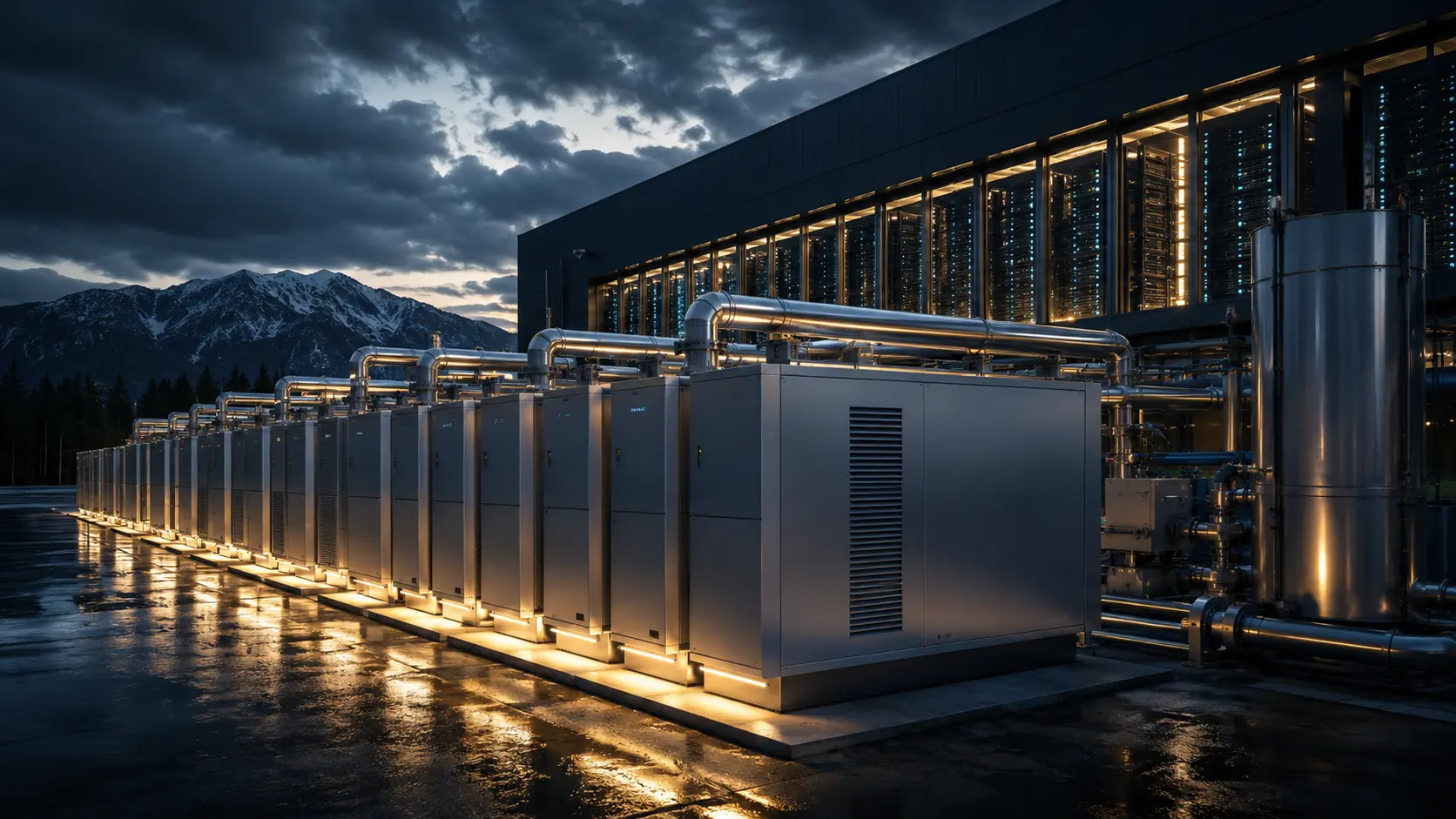 Cinematic 3D render of a solid oxide fuel cell microgrid powering an AI data center campus.