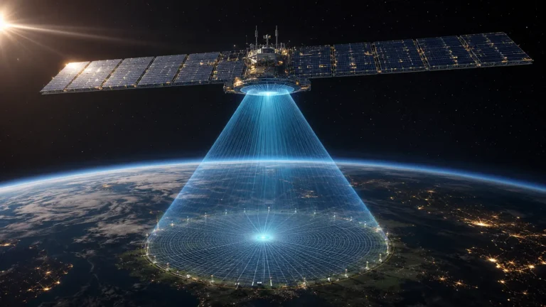 Cinematic 3D render of a space-based solar power satellite in geostationary orbit transmitting microwave energy to an Earth rectenna.