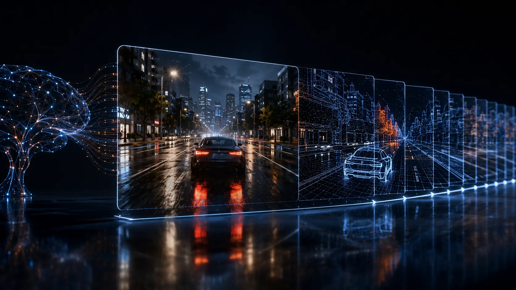 Cinematic 3D render of an AI world model simulating physics and spatial-temporal data for autonomous driving.