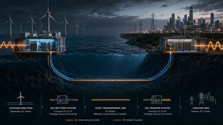 Cinematic 3D render of an HVDC transmission converter station showing voltage-source converter valve stacks.