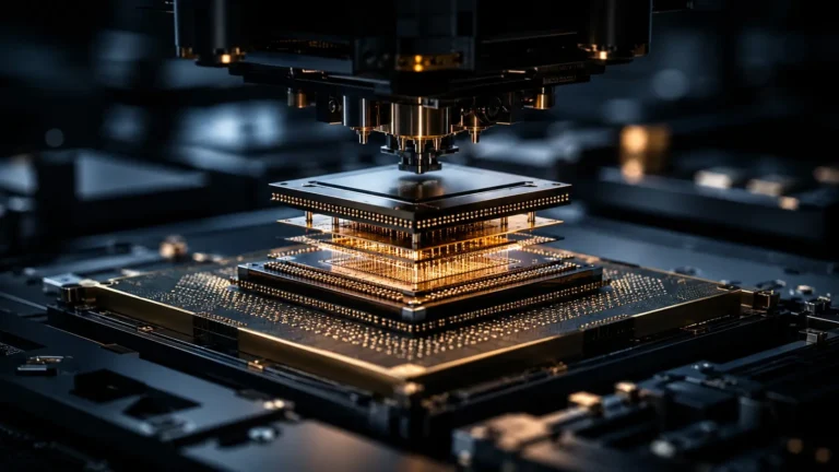 Cinematic 3D render of an advanced packaging assembly line performing 3D chiplet integration on a silicon wafer.