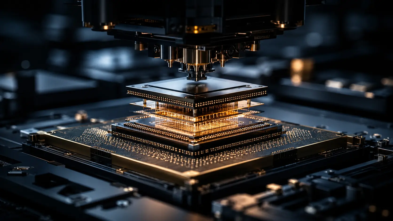 Cinematic 3D render of an advanced packaging assembly line performing 3D chiplet integration on a silicon wafer.