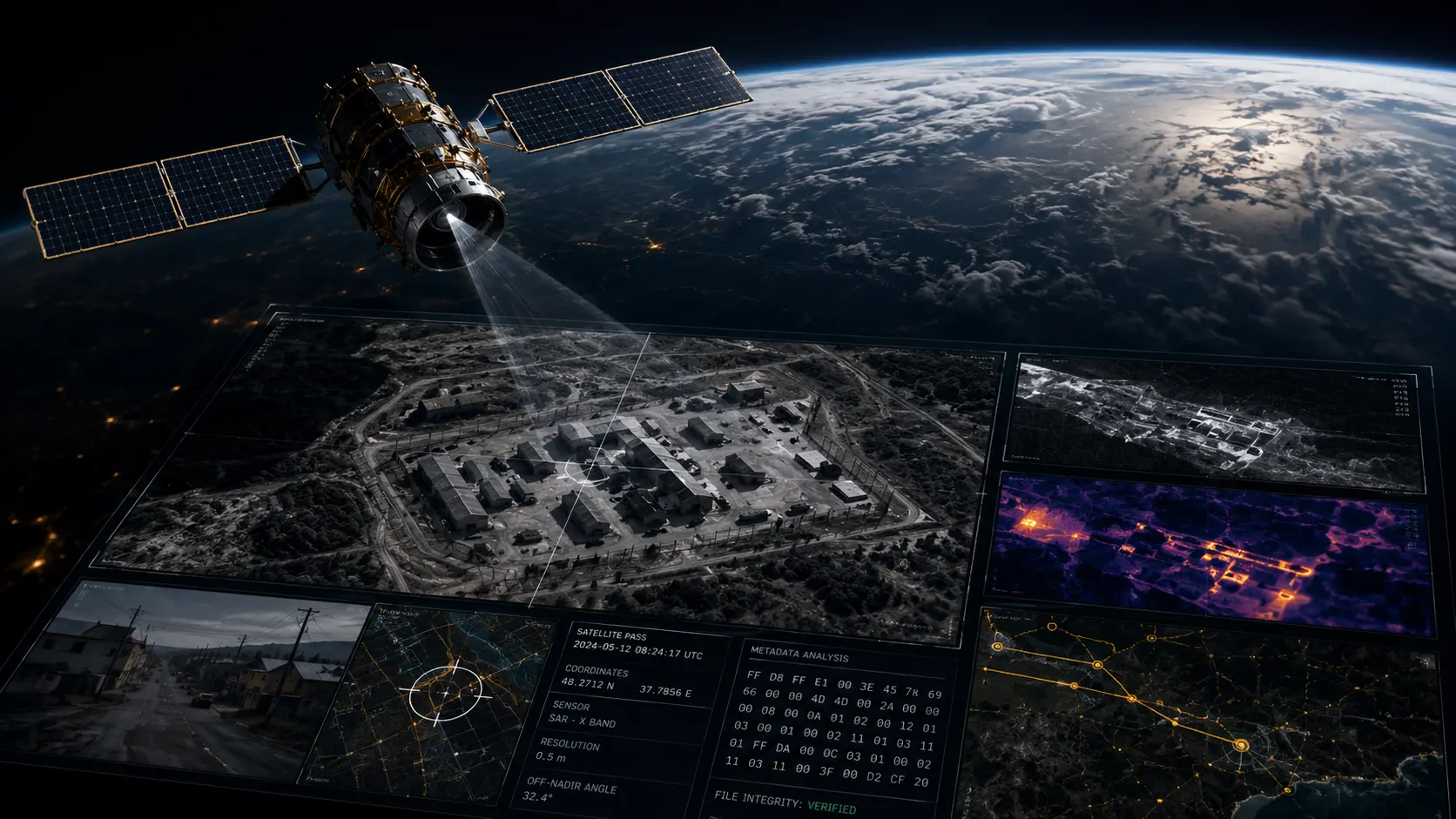 Cinematic 3D render of an open source intelligence network mapping satellite telemetry and digital coordinates across a global data topology.
