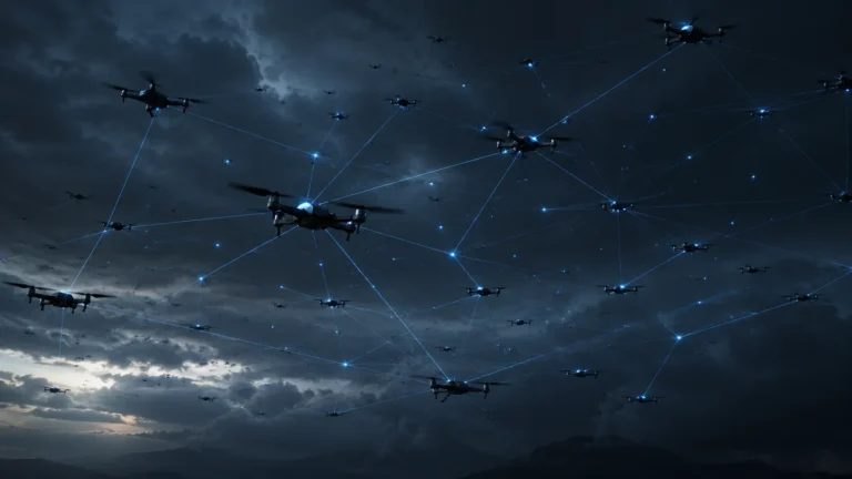 Cinematic 3D render of autonomous drone swarms communicating across a decentralized mesh network.